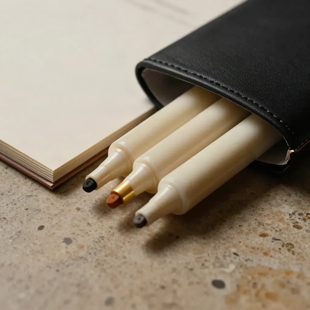 Kit corso candele giapponesi con custodia nera, opuscolo crema e tre marker su travertino.